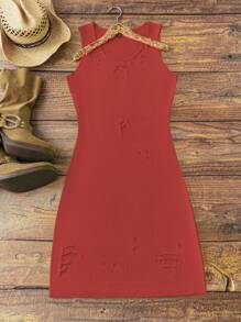 SHEIN LUNE Vestido de corte talla grande grande sin mangas, ajustado al Body, con cortes y rasgaduras en la tela