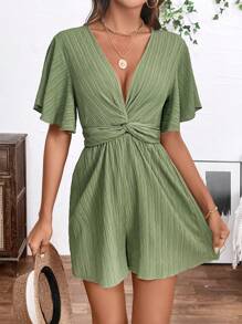 Chiquease Women's Plain And Simple Deep V-Neck Short Sleeve Jumpsuit For Daily Wear - Army Green - View 5