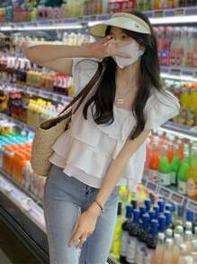 女士纯色荷叶边系带露脐上衣 休闲白色 - 白色 - 查看 1