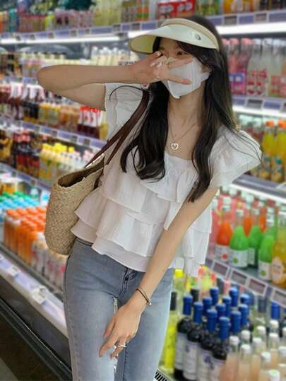 女士固色荷葉邊綁帶後背短上衣