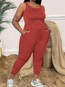 Maweii Plus Size 2pcs Round Neck Simple And Fashionable Top With Drawstring Bodycon Pants - Burgundy - View 5