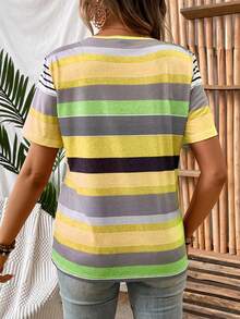 EMERY ROSE Áo thun in sọc cổ tròn tay ngắn màu dây kéo - Nhiều màu - Xem 2