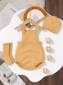 SHEIN Baby Girls' Solid Color Simple Daily Knitted Romper