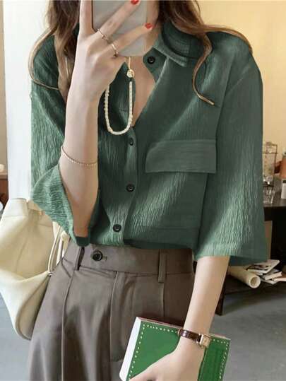 女士纯色简约休闲短袖衬衫 夏季