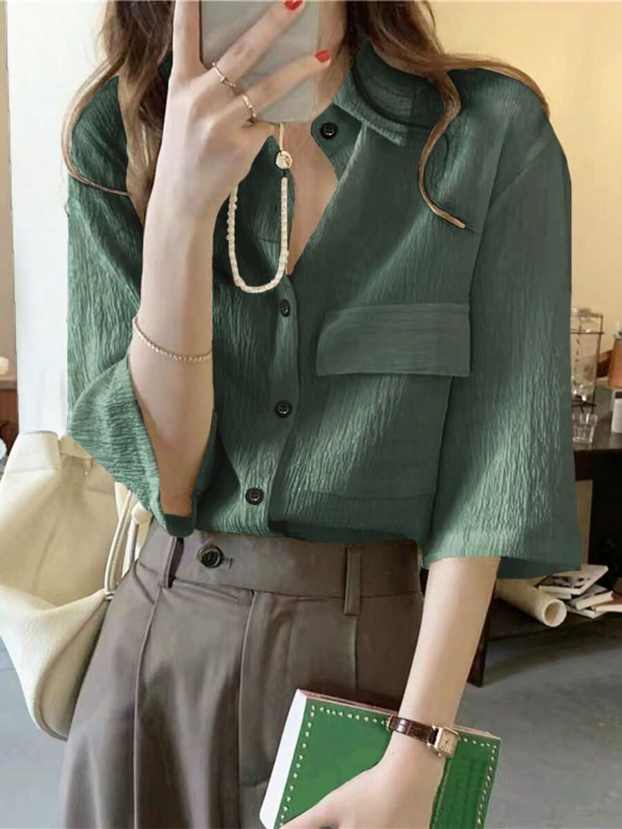 Women's Solid Color Simple Casual Short Sleeve Blouse Summer - Olive Green - View 1