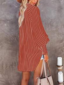 Plus Button Puff Sleeve Striped Shirts - Orange - View 2