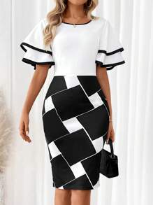 SHEIN Clasi Women's Elegant Knitted Dress With Black And White Contrast Color And Ruffle Hem Wedding Women Dresses - Black and White - View 5