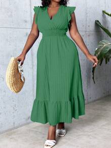 SHEIN LUNE Plus Size Deep V-Neck Dress With Ruffle Cap Sleeves, Waist Tie, And Ruffle Hem