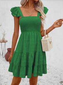SHEIN LUNE Solid Color Square Neckline Pleated Lace Trimmed Dress, Casual Vacation - Green - View 6