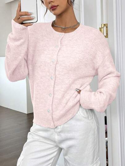 SHEIN Unity Drop Shoulder Button Front Cardigan,Long Sleeve Tops Fall Winter Cloth For Women