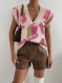 SHEIN LUNE Women's Colorful Random Printed V-Neck Sweater Vest - Multicolor - View 5