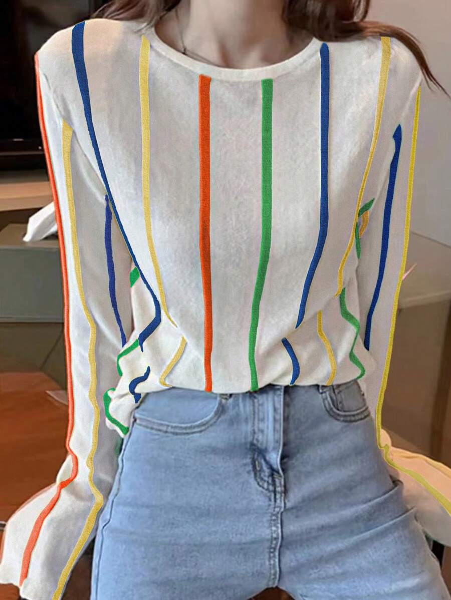 SHEIN LUNE Women's Colorful Striped Round Neck Long Sleeve Sweater, Knit Pullover Fall Winter - Multicolor - View 1