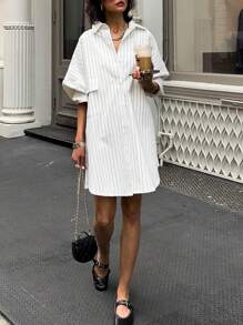 Elyressa Striped Drop Shoulder Loose Shirt Dress With Pockets, Summer Fall Cloth For Women