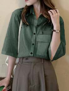 Women's Solid Color Simple Casual Short Sleeve Blouse Summer - Olive Green - View 4