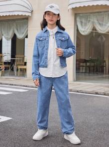 Tween-Jungen Einfarbige, langärmlige Jeansjacke und Jeans mit Knopfleiste vorne, lässiges Jeans-Outfit mit Taschen