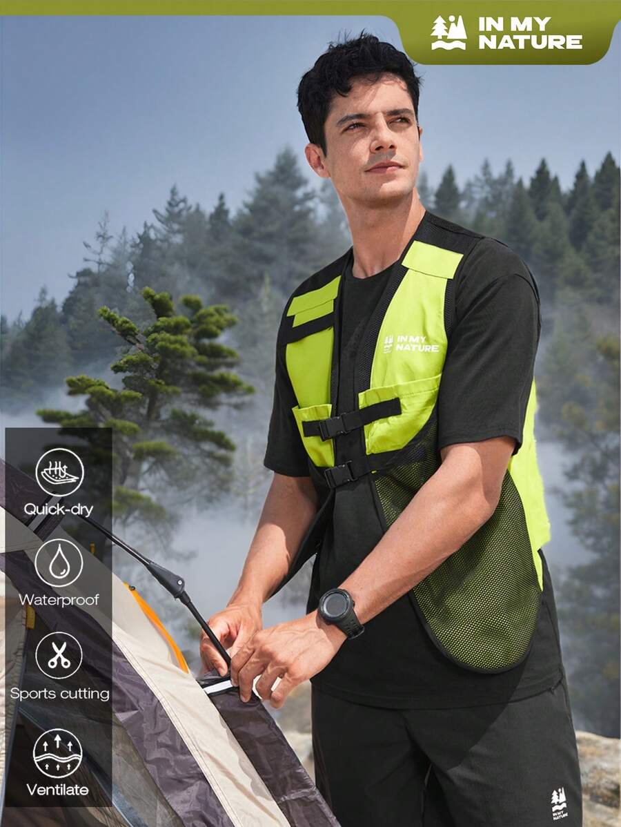 In My Nature Men Colorblock Letter Graphic Buckle Decor Outdoor Vest Jacket - Black - View 1