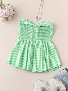 Breezaya Women's Pleated Gingham Top With Tie Front And Frill Trim - Green - View 2