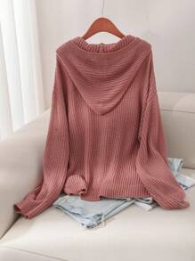 SHEIN Essnce Plus Size Loose Open Cardigan With Twist Flower Design, Drop Shoulder And Hooded, Long Sleeves, For Winter - Redwood - View 2