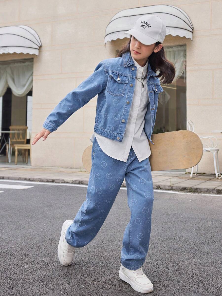 Tween-Jungen Einfarbige, langärmlige Jeansjacke und Jeans mit Knopfleiste vorne, lässiges Jeans-Outfit mit Taschen