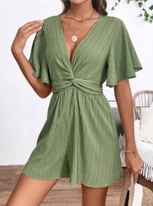 Chiquease Women's Plain And Simple Deep V-Neck Short Sleeve Jumpsuit For Daily Wear - Army Green - View 6