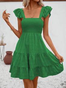 SHEIN LUNE Solid Color Square Neckline Pleated Lace Trimmed Dress, Casual Vacation - Green - View 4