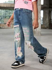 SHEIN Explorewe 獨具個性和時尚感的Y2K風格磨破牛仔褲，適用於青少年女孩 - 淺色水洗藍 - 查看 5