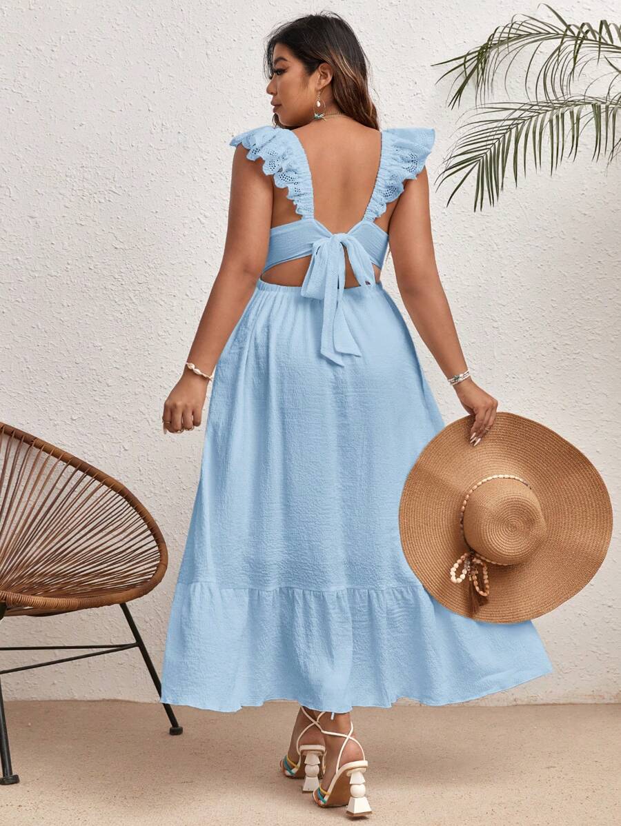 SHEIN VCAY Plus Tie Backless Ruffle Trim Dress - Baby Blue - View 1