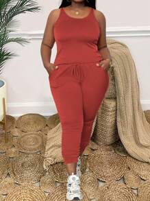 Maweii Plus Size 2pcs Round Neck Simple And Fashionable Top With Drawstring Bodycon Pants - Burgundy - View 3