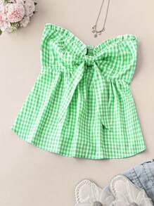 Breezaya Women's Pleated Gingham Top With Tie Front And Frill Trim - Green - View 1