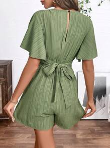 Chiquease Women's Plain And Simple Deep V-Neck Short Sleeve Jumpsuit For Daily Wear - Army Green - View 2