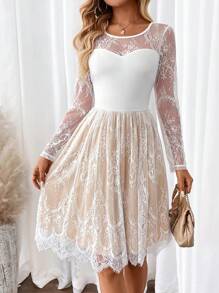 SHEIN Clasi 女士蕾丝网纱透视及膝连衣裙 白色女士连衣裙