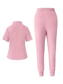 SHEIN Unity Women's Solid Color Short Sleeve Top And Pants Set With Zipper - Pink - View 2