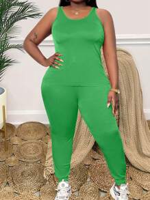 Maweii Plus Size Solid Color Round-Neck Sleeveless Top And Pocketed Long Pants Two-Piece Set - Green - View 5