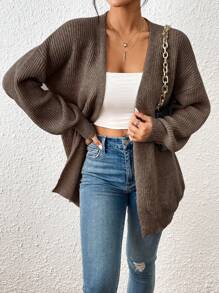 EMERY ROSE Solid Color Long Sleeve Cardigan, Casual Wear - Chocolate Brown - View 4