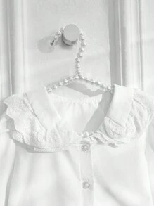 SHEIN Cô Gái Trẻ Vá lại Trang trí ren Cổ tròn Áo sơ mi - trắng - Xem 4