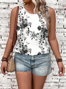 EMERY ROSE Camiseta sin mangas con estampado de ramas y flores para mujer talla grande, casual, para el verano - Blanco - Ver 3