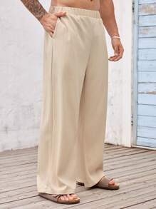 Manfinity Homme Plus Slant Pocket Wide Leg Pants For Dailywear - Khaki - View 4