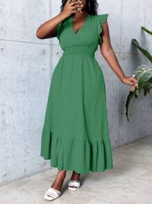 SHEIN LUNE Plus Size Deep V-Neck Dress With Ruffle Cap Sleeves, Waist Tie, And Ruffle Hem