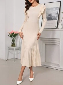 SHEIN Clasi 女式圓領長袖A字裙，下擺褶邊設計 - 卡其色 - 查看 2