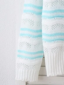 Teenagers' Hollow Out Long Sleeve Cardigan Sweater With Front Button And Colorful Wave Pattern - Blue and White - View 6