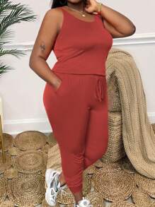 Maweii Plus Size 2pcs Round Neck Simple And Fashionable Top With Drawstring Bodycon Pants - Burgundy - View 1