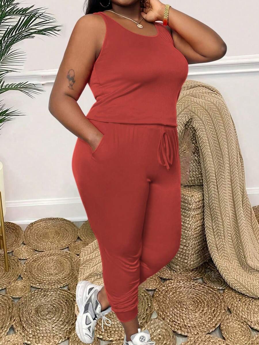 Maweii Plus Size 2pcs Round Neck Simple And Fashionable Top With Drawstring Bodycon Pants - Burgundy - View 1