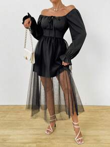 Chiquease Square Neck Long Sleeve Mesh & Pleated Chiffon Patchwork Dress With Front Tie Fall Cloth For Women - Black - View 5