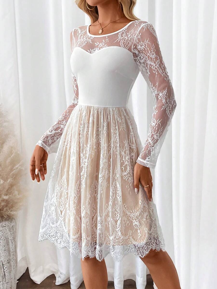 SHEIN Clasi 女士蕾丝网纱透视及膝连衣裙 白色女士连衣裙