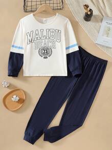 2pcs/Set Tween Boy Simple Black & White Patchwork Sleepwear, Long Sleeve Shirt & Pants, Casual & Comfy - Multicolor - View 1