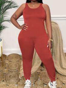 Maweii Plus Size 2pcs Round Neck Simple And Fashionable Top With Drawstring Bodycon Pants - Burgundy - View 4