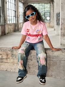 SHEIN Explorewe 獨具個性和時尚感的Y2K風格磨破牛仔褲，適用於青少年女孩 - 淺色水洗藍 - 查看 3