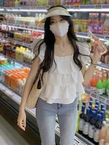 女士纯色荷叶边系带露脐上衣 休闲白色 - 白色 - 查看 5