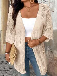 Breezaya Plus Size Nữ Ngày Lễ Màu Trơn Rỗng Ra 3/4 Tay Áo Cardigan Rộng - Màu be - Xem 1