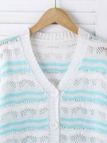 Teenagers' Hollow Out Long Sleeve Cardigan Sweater With Front Button And Colorful Wave Pattern - Blue and White - View 4